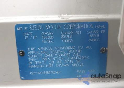 2008 Suzuki Sx4 Convenience Regional Edition/Regional Edition/Touring 2 Regional Edition z USA, uszkodzony, nr VIN JS2YA413285102405